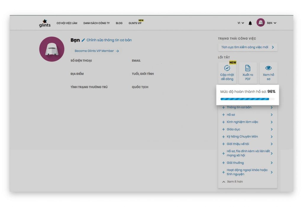 Cách Tạo Hồ Sơ Xin Việc Online tại Glints